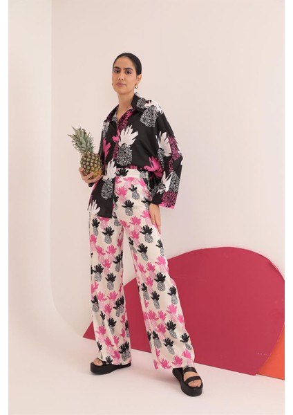 Kobe Saten Kumaş Ananas Desen Kadın Pantolon-Fuşya fiyatları