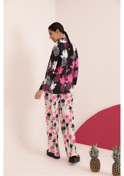 Kobe Saten Kumaş Ananas Desen Kadın Pantolon-Fuşya modelleri