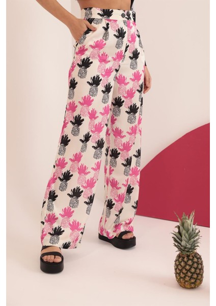 Kobe Saten Kumaş Ananas Desen Kadın Pantolon-Fuşya fırsatları