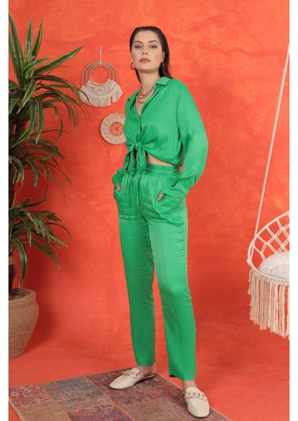 Saten Kumaş Beli Lastikli Kadın Pantolon-Yeşil