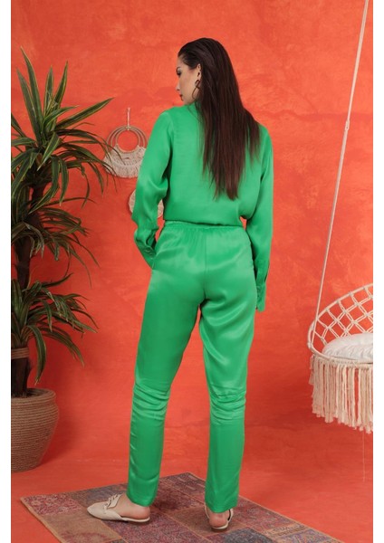 Saten Kumaş Beli Lastikli Kadın Pantolon-Yeşil fırsatları