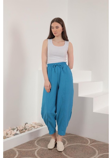 Keten Kumaş Beli Lastikli Şalvar Kadın Pantolon-Mavi