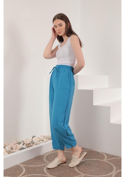Keten Kumaş Beli Lastikli Şalvar Kadın Pantolon-Mavi fiyatları