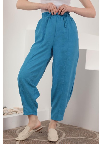 Keten Kumaş Beli Lastikli Şalvar Kadın Pantolon-Mavi modelleri