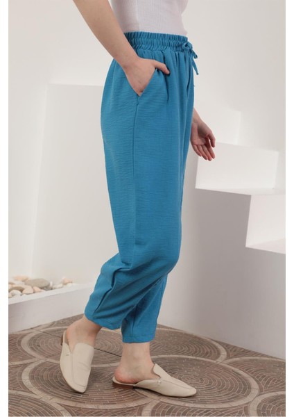 Keten Kumaş Beli Lastikli Şalvar Kadın Pantolon-Mavi fırsatları