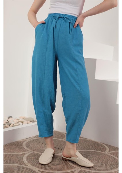 Keten Kumaş Beli Lastikli Şalvar Kadın Pantolon-Mavi indirimleri