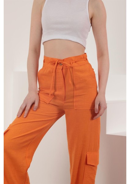 Keten Kumaş Kargo Kadın Pantolon-Oranj modelleri