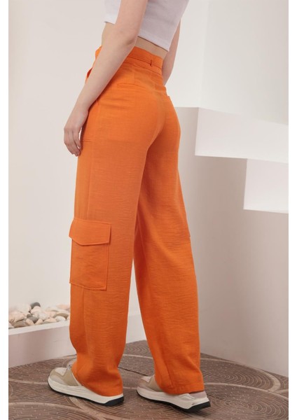 Keten Kumaş Kargo Kadın Pantolon-Oranj fırsatları