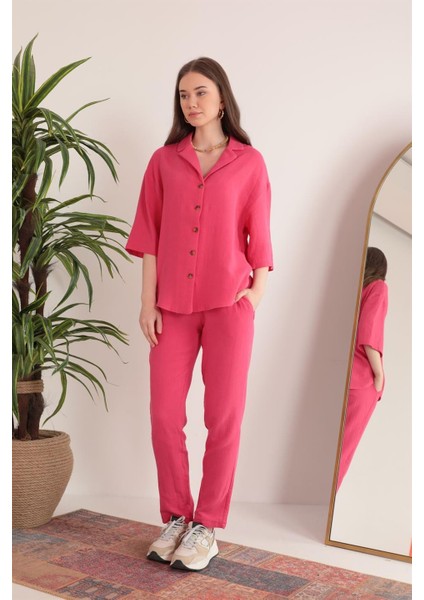 Müslin Kumaş Rahat Kalıp Lastikli Kadın Pantolon-Fuşya