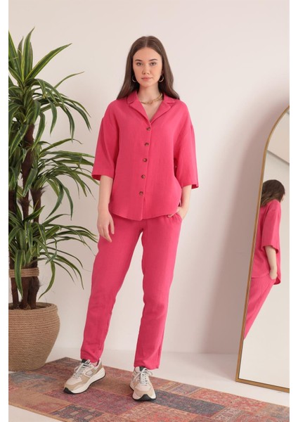 Müslin Kumaş Rahat Kalıp Lastikli Kadın Pantolon-Fuşya fiyatları