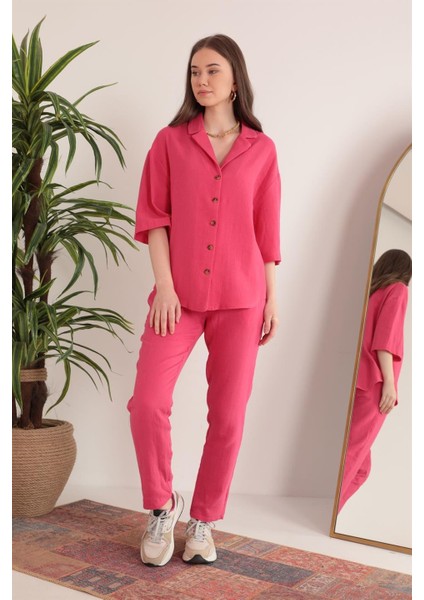 Müslin Kumaş Rahat Kalıp Lastikli Kadın Pantolon-Fuşya modelleri
