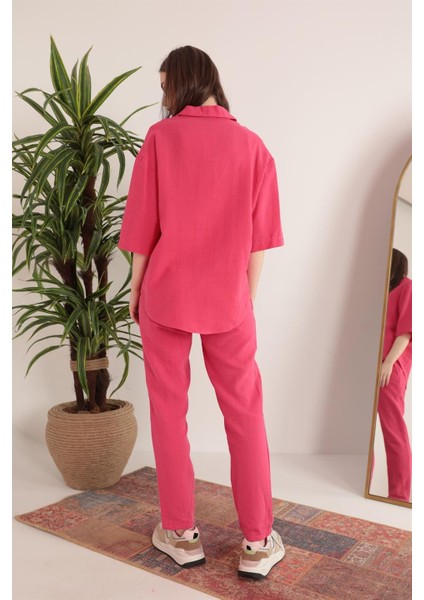 Müslin Kumaş Rahat Kalıp Lastikli Kadın Pantolon-Fuşya fırsatları