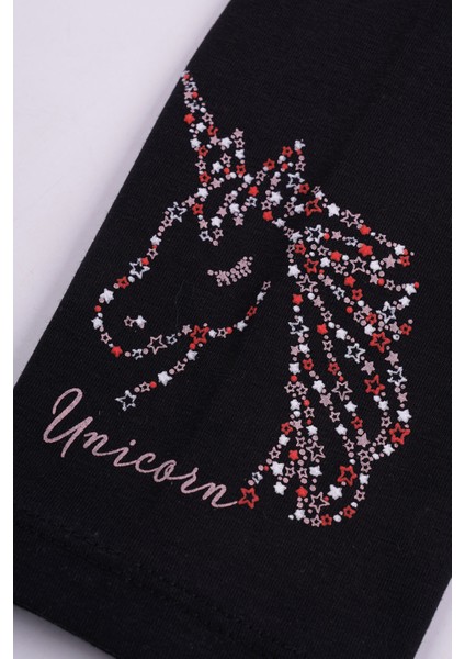 Kız Çocuk Somon Siyah Renkli Unicorn Ikili Takım