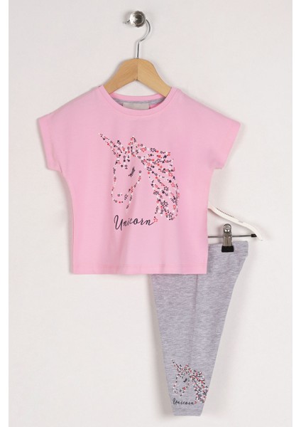 Kız Çocuk Pembe Gri Renkli Unicorn Ikili Takım
