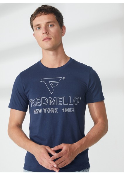 Bisiklet Yaka Mavi Erkek T-Shirt FM23S01TGBLUE