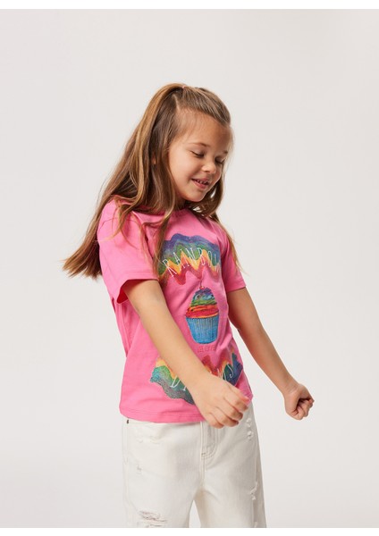 Baskılı Koyu Pembe Kız Çocuk T-Shirt 232 Lcg 242003 Raınbow K.pembe
