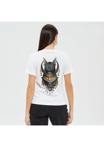 Firavun Kedi Sırt Baskılı %100 Pamuk Kaliteli Beyaz Kadın T-Shirt