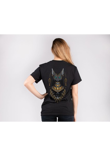 Firavun Kedi Sırt Baskılı %100 Pamuk Kaliteli Siyah Kadın T-Shirt