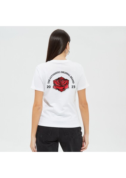 Gül Desen Sırt Baskılı %100 Pamuk Kaliteli Beyaz Kadın T-Shirt