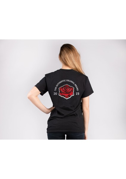 Gül Desen Sırt Baskılı %100 Pamuk Kaliteli Siyah Kadın T-Shirt