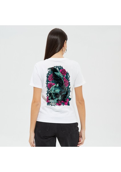 Karga Desen Sırt Baskılı %100 Pamuk Kaliteli Beyaz Kadın T-Shirt