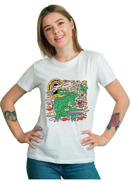 Ön Timsah Baskılı %100 Pamuk Kaliteli Siyah Kadın T-Shirt