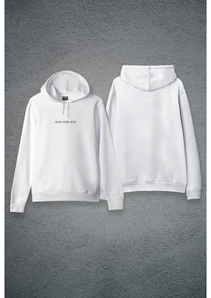 Eyes Wide Shut Yazılı Minimal Tasarım Baskılı Kapşonlu Unisex Beyaz Hoodie fiyatları