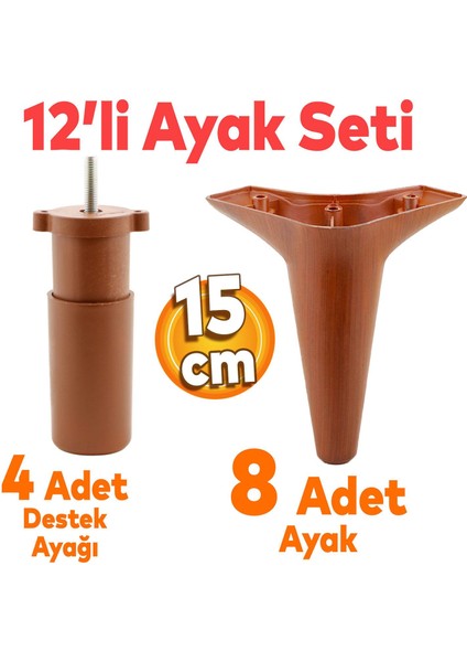 Aspen 12'li Set Lüks Mobilya Kanepe Koltuk Baza Ayağı Ayakları 15 Cm Ahşap Desenli Kahverengi Ayak