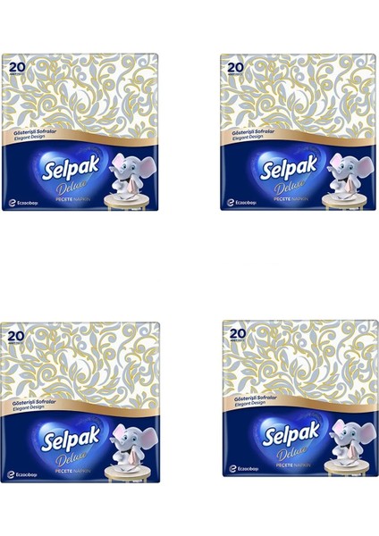 4'lü Paket Selpak Deluxe Peçete Desenli Çiçekli 20'li