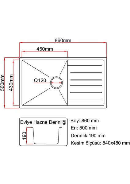 Granit Eviye Mega Geniş Hazne Antrasit 86x50 cm - Tek Göz Damlalıklı Mutfak Eviyesi