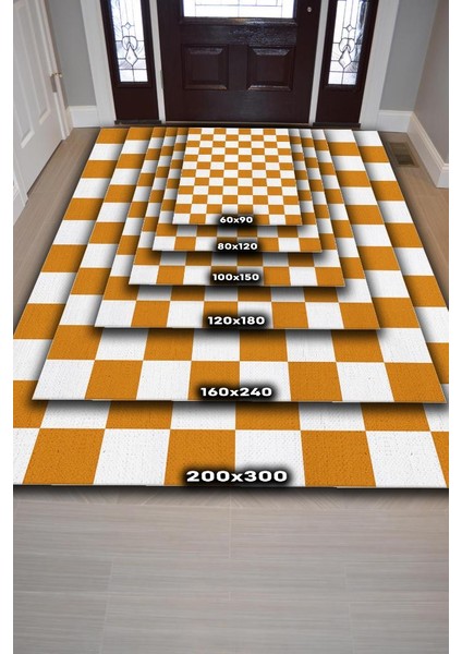 Minimalist Damalı Turuncu Beyaz Halı Kareli Oturma Odası Halısı Retro Tarzı Salon Halısı