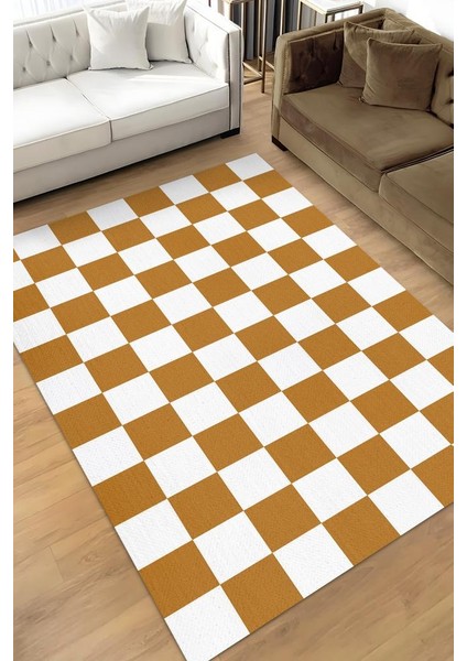Minimalist Damalı Turuncu Beyaz Halı Kareli Oturma Odası Halısı Retro Tarzı Salon Halısı