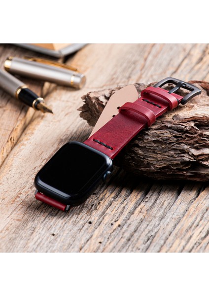 Apple Watch Uyumlu 42MM 44MM 45MM 49MM 1 / 2 / 3 / 4 / 5 / 6 / Se / 7 / 8 / 9 Ultra Ultra 2 Deri Kordon Deri Kayış Kırmızı