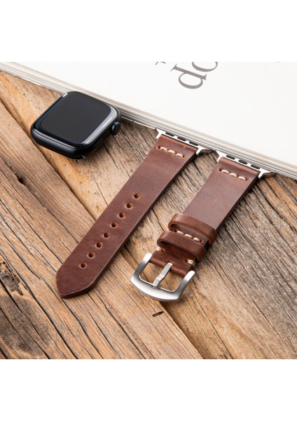 Apple Watch Uyumlu 42MM 44MM 45MM 49MM 1 / 2 / 3 / 4 / 5 / 6 / Se / 7 / 8 / 9 Ultra Ultra2 Deri Kordon Deri Kayış Kahverengi fiyatları