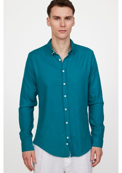 Slim Fit Uzun Kol Biyeli Yaka Düğmeli Keten Erkek Gömlek