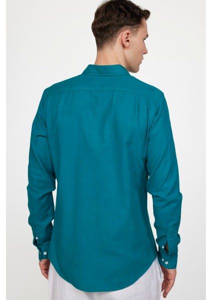 Slim Fit Uzun Kol Biyeli Yaka Düğmeli Keten Erkek Gömlek
