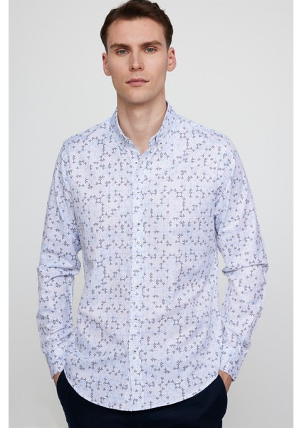 Slim Fit Uzun Kol Baskılı Yaka Biyeli Beyaz Gömlek