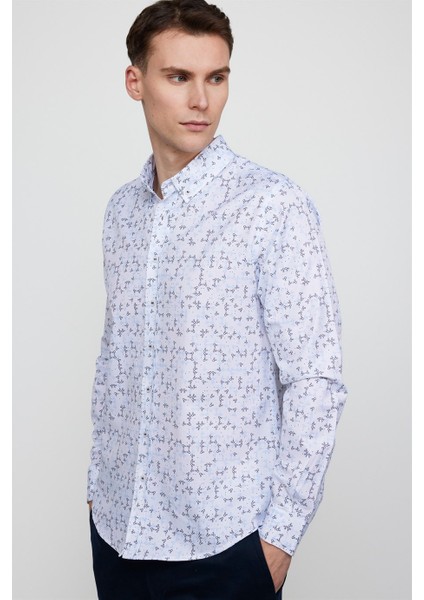 Slim Fit Uzun Kol Baskılı Yaka Biyeli Beyaz Gömlek fiyatları