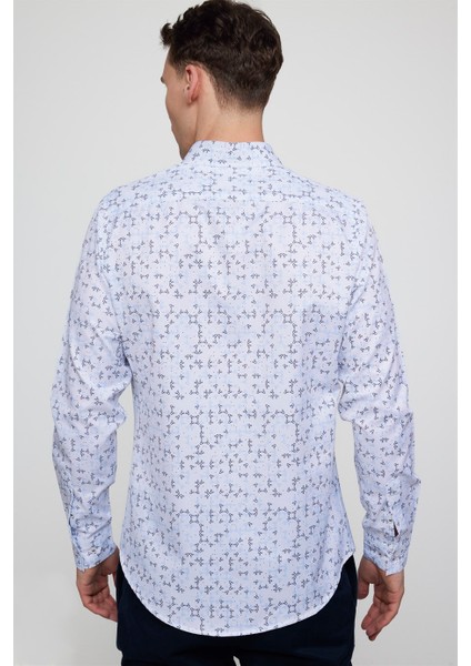 Slim Fit Uzun Kol Baskılı Yaka Biyeli Beyaz Gömlek fırsatları