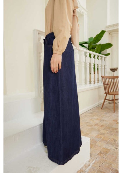 2079-DÜĞMELİ Kot Etek Lacivert modelleri