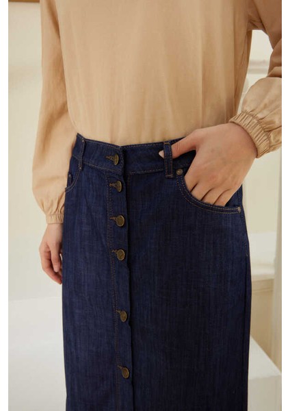 2079-DÜĞMELİ Kot Etek Lacivert indirimleri