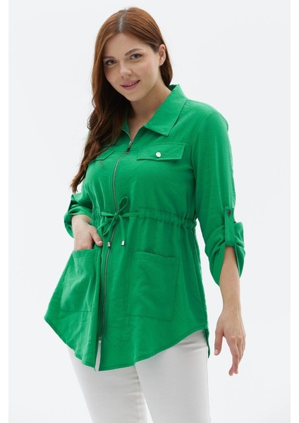 Büyük Beden Beli Büzgülü Çift Cepli Ceket