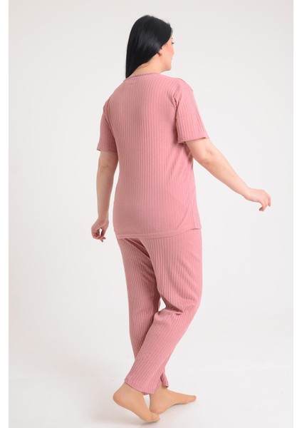 Pınkmark Kadın Somon Kısa Kol Nakışlı Büyük Beden Pijama Takımı PMTK25604