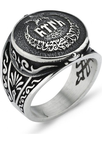 925 Ayar Gümüş Ayyıldız Göktürkçe Türk Yazılı Bombeli Model Taşsız Erkek Yüzük TM-131