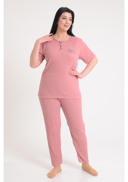 Pınkmark Kadın Somon Kısa Kol Nakışlı Büyük Beden Pijama Takımı PMTK25604