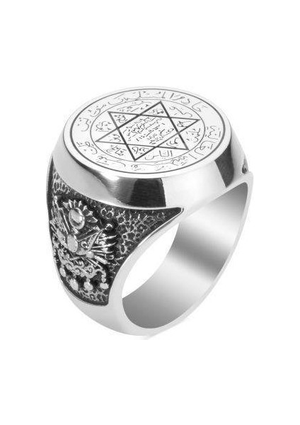 925 Ayar Gümüş Ay Yıldız ve Osmanlı Arma Motifli Mührü Süleyman Model Taşsız Erkek Yüzük