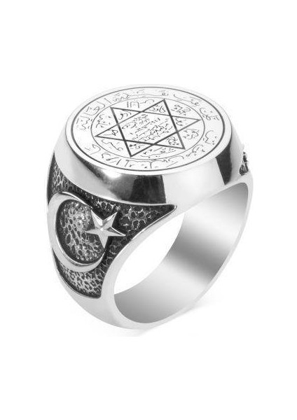 925 Ayar Gümüş Ay Yıldız ve Osmanlı Arma Motifli Mührü Süleyman Model Taşsız Erkek Yüzük fiyatları