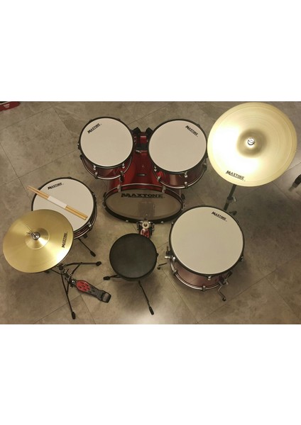 Davul Set 5 Pcs Metalik Kırmızı + Zil + Tabure