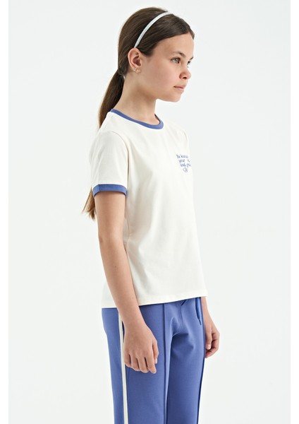 Ekru Minimal Yazı Baskılı O Yaka Rahat Form Kısa Kollu Kız Çocuk T-Shirt - 75110