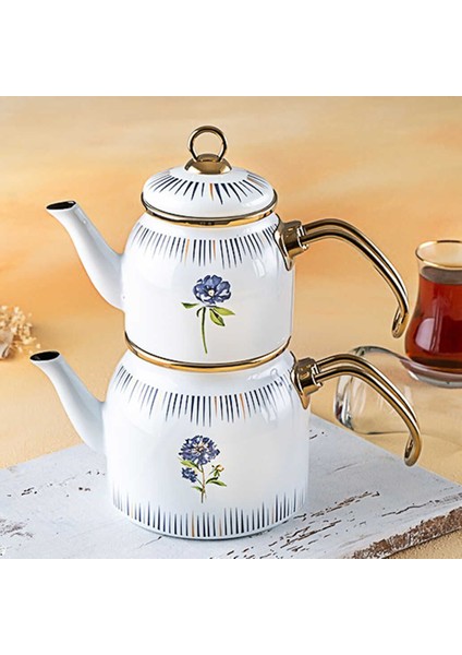 Rain Mini Desenli Emaye Çaydanlık Takımı Beyaz